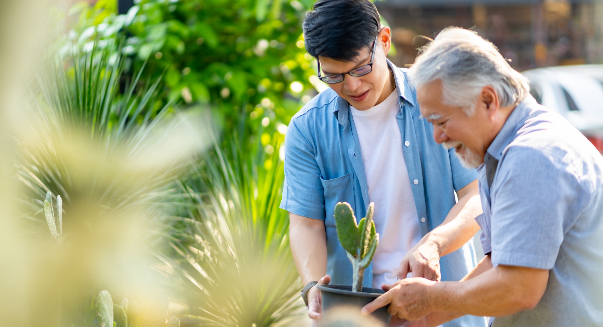 Father and son gardening